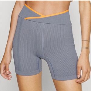 Free People Movement Free Throw Denim Gray Ribbed Crossover Biker Shorts